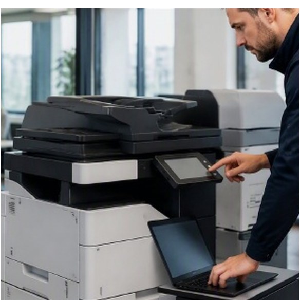 Nahaufnahme eines Multifunktionssystems mit geöffneter Papierkassette und Bedienfeld.